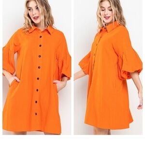 Orange Boho Oversized Button-Up Dress Or Top with Puff Sleeves